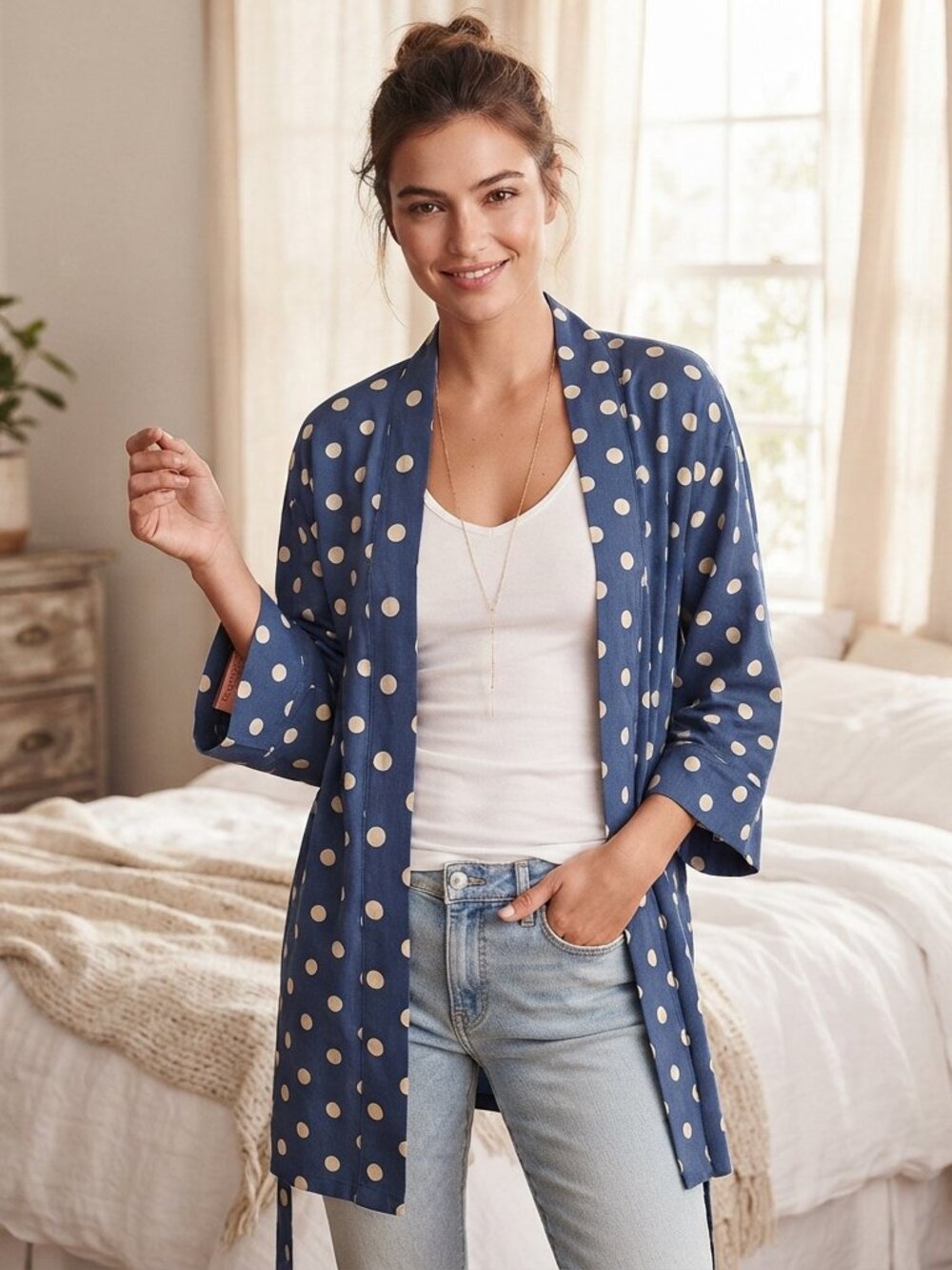 VICTORIA'S SECRET Lightweight Cotton Kimono Robe Blue Polka Dot Large
